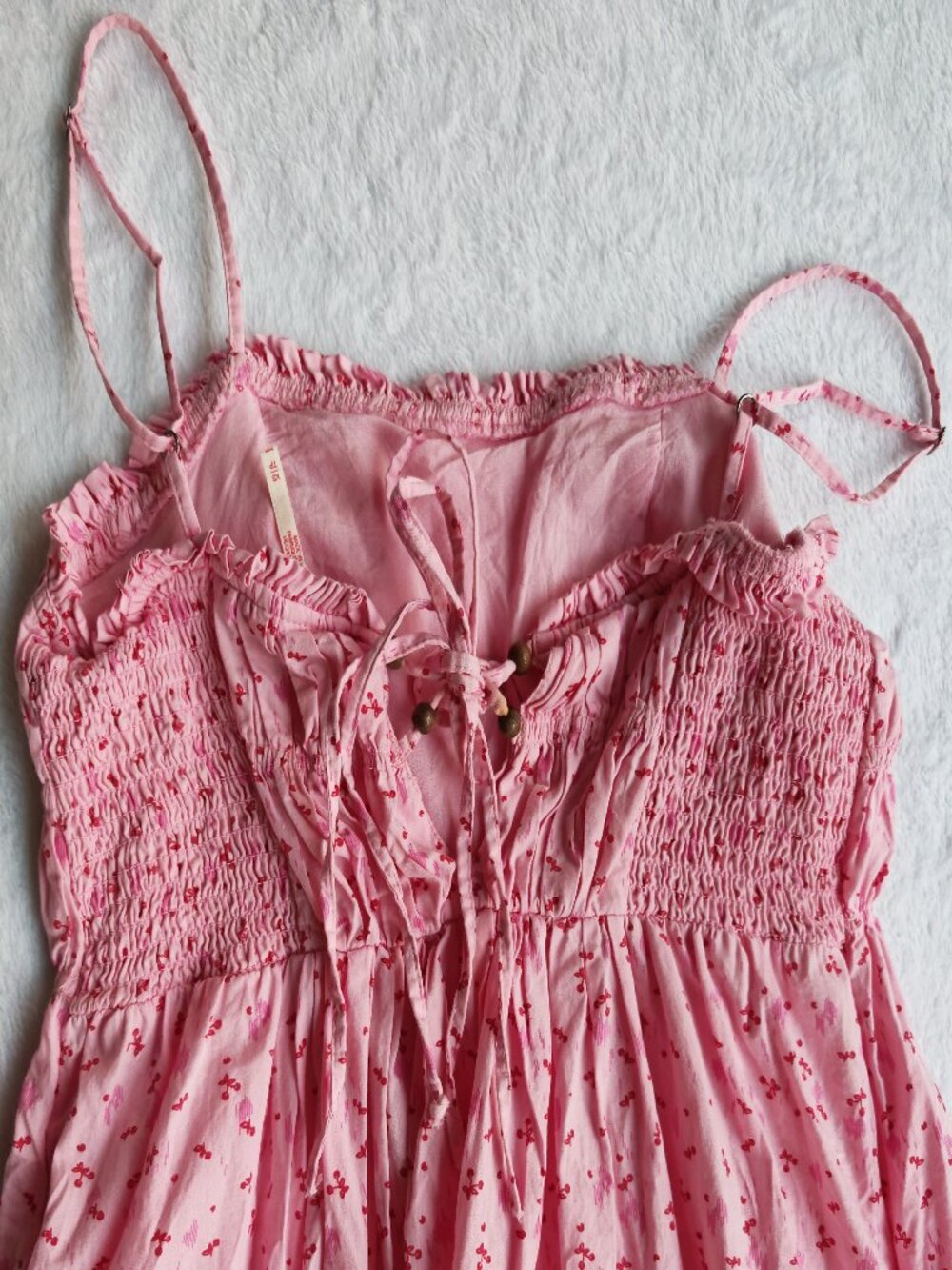 Free People Gabby Mini Dress Pink Cherry Print Size XS Boho Cottagecore Smocked - Picture 11 of 16